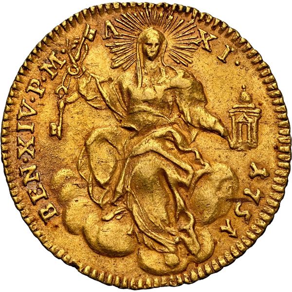 PAPAL STATES, Rome, gold zecchino, Benedict XIV, 1751 - year XI, NGC AU 58.