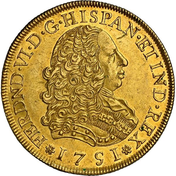 PERU, Lima, gold bust 8 escudos, Ferdinand VI, 1751 J, NGC MS 62.