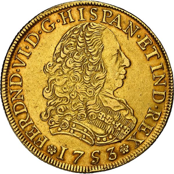 PERU, Lima, gold bust 8 escudos, Ferdinand VI, 1753 J, NGC AU 55.