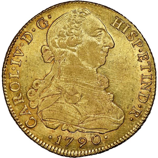 PERU, Lima, gold bust 8 escudos, Charles IV transitional (bust of Charles III, ordinal IV), 1790 IJ,