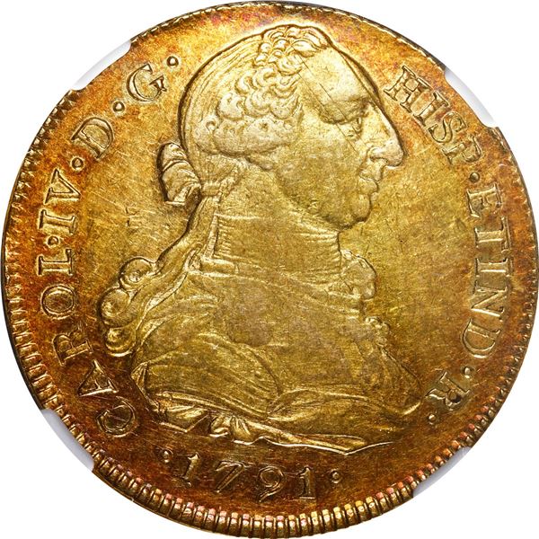 PERU, Lima, gold bust 8 escudos, Charles IV transitional (bust of Charles III, ordinal IV), 1791 IJ,
