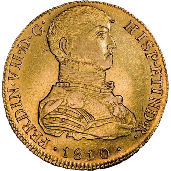 PERU, Lima, gold bust 8 escudos, Ferdinand VII transitional ("imaginary" bust), 1810 JP, PCGS AU55.