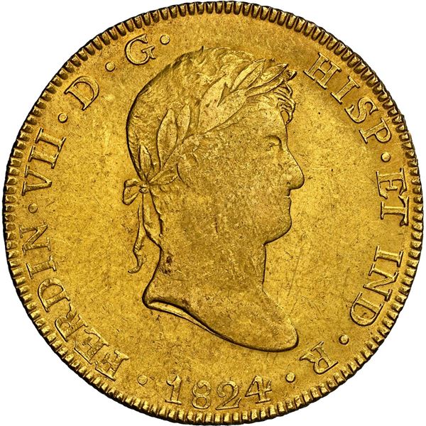 PERU, Cuzco, gold bust 8 escudos, Ferdinand VII, 1824 G, NGC AU 58.