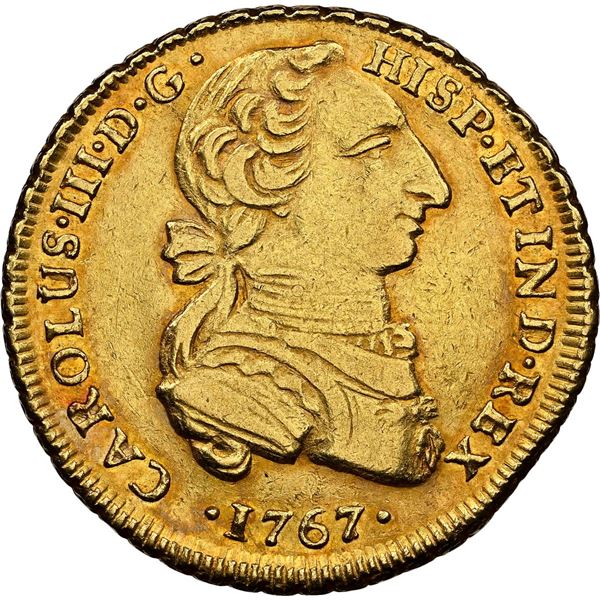 PERU, Lima, gold bust 2 escudos, Charles III, second bust ("rat nose"), 1767 JM, rare, NGC AU 50, fi