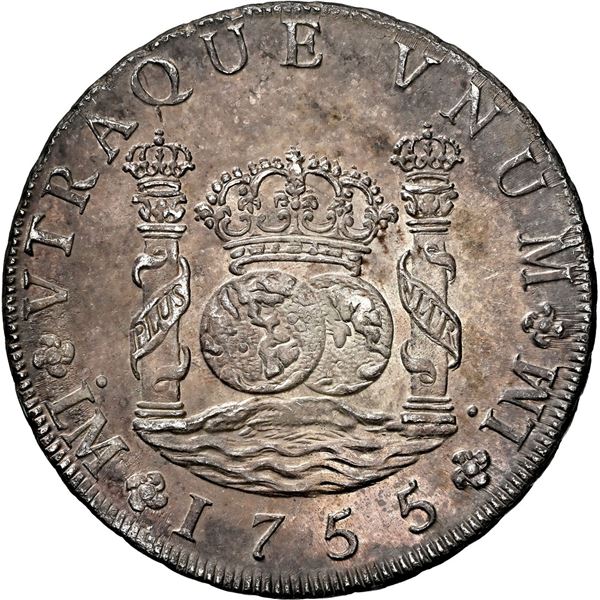 PERU, Lima, pillar 8 reales, Ferdinand VI, 1755 JD, dots above both mintmarks, NGC MS 62.
