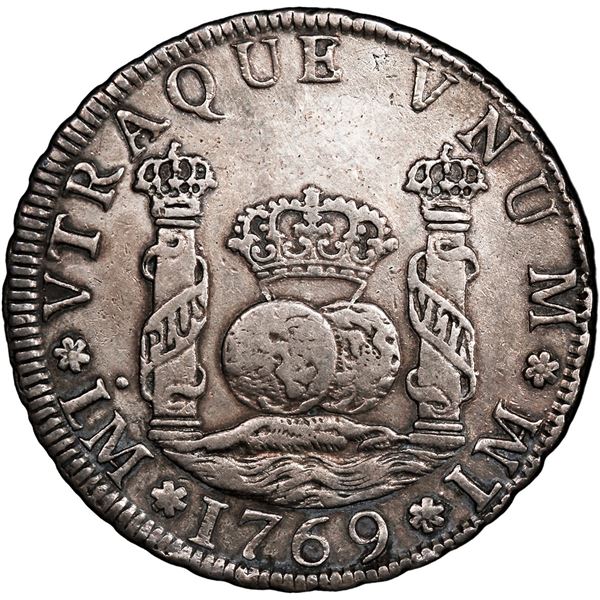 PERU, Lima, pillar 4 reales, Charles III, 1769 JM, dot over left mintmark only, rare, PCGS VF detail