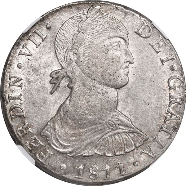 PERU, Lima, bust 8 reales, Ferdinand VII transitional ("imaginary" bust), 1811 JP, long ribbons, NGC