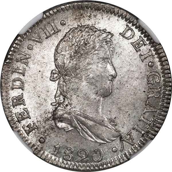 PERU, Lima, bust 2 reales, Ferdinand VII, 1820 JP, NGC MS 64.