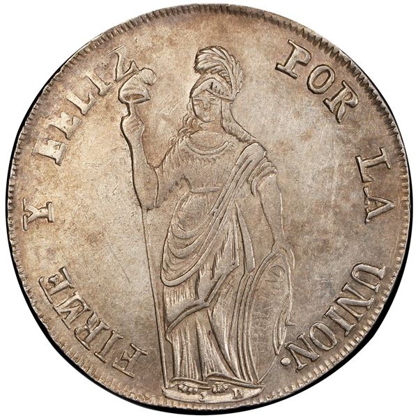 PERU, Pasco, 4 reales, 1855 M, JB below feet, PCGS AU53, finest and only example in PCGS census.