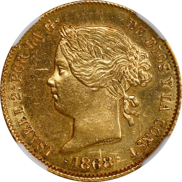 PHILIPPINES (under Spain), Manila, gold 4 pesos, Isabel II, 1868, NGC UNC details / obv cleaned.