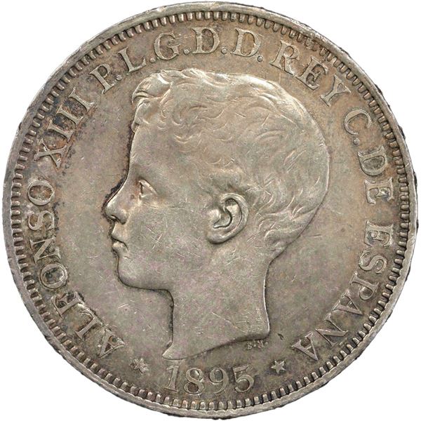 PUERTO RICO (under Spain), struck at the Madrid Mint, 1 peso, Alfonso XIII, 1895 PG-V, PCGS AU55.