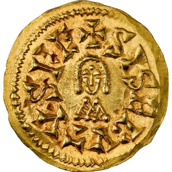 VISIGOTHIC KINGDOM (Spain), Ispalis (Seville), gold tremissis, Sisebut, 612-621 AD, NGC MS 64.