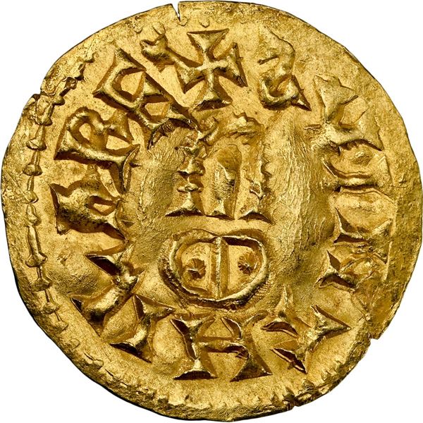 VISIGOTHIC KINGDOM (Spain), Emerita (Mérida), gold tremissis, Suinthila, 621-631 AD, retrograde S in