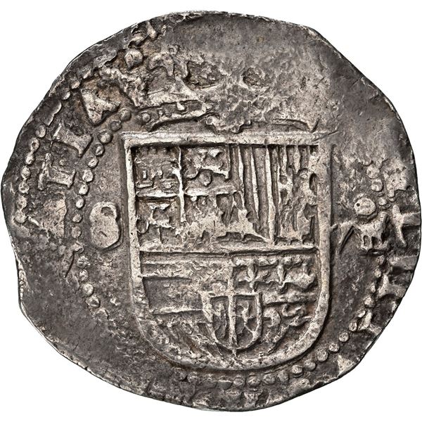 SPAIN, Seville, cob 8 reales, Philip II, assayer Gothic D at 4 o'clock outside tressure around cross
