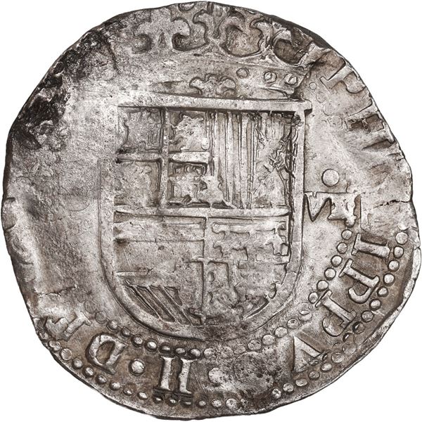 SPAIN, Seville, cob 8 reales, Philip II, assayer Gothic D at 4 o'clock outside tressure on reverse, 