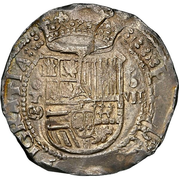 SPAIN, Toledo, cob 8 reales, Philip II, assayer M-in-circle below mintmark oT to left, NGC MS 62, fi