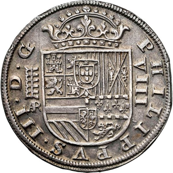 SPAIN, Segovia, milled 8 reales, Philip III, 1614 AR, NGC AU details / scratches, ex-Huntington.