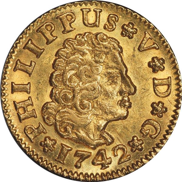 SPAIN, Seville, gold bust ½ escudo, Philip V, 1742 PJ, PCGS MS63, finest known in PCGS census.