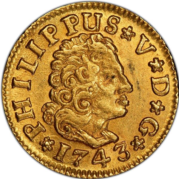 SPAIN, Seville, gold bust ½ escudo, Philip V, 1743 PJ, PCGS MS63, finest known in PCGS census.