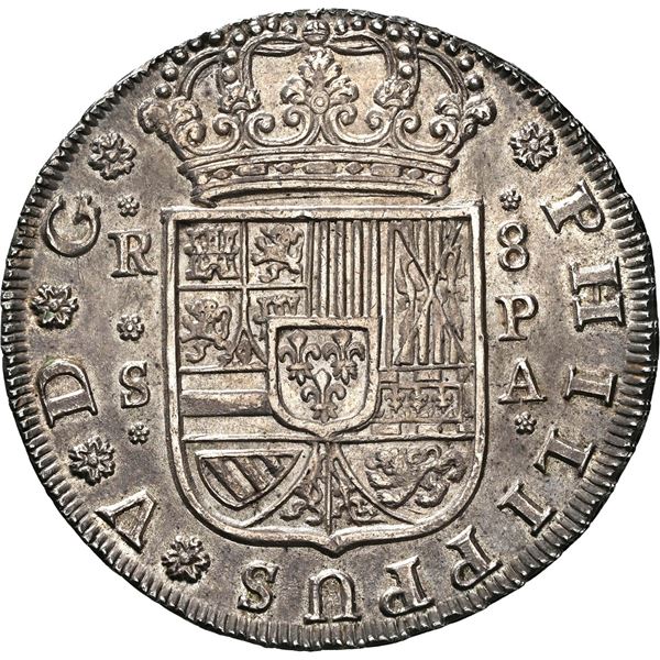 SPAIN, Seville, milled 8 reales, Philip V, 1732/1 PA, very rare overdate, NGC MS 63, finest known in