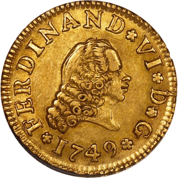 SPAIN, Madrid, gold bust ½ escudo, Ferdinand VI, 1749 JB, NGC AU 53, ex-Eliasberg.