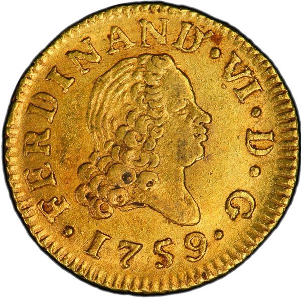 SPAIN, Madrid, gold bust ½ escudo, Ferdinand VI, 1759 JB, PCGS AU55.