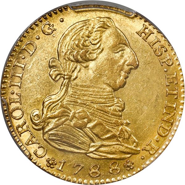 SPAIN, Madrid, gold bust 2 escudos, Charles III, 1788 M, PCGS MS61.