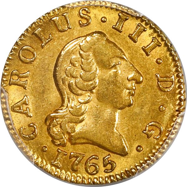 SPAIN, Madrid, gold bust ½ escudo, Charles III (first bust), 1765 PJ, PCGS AU58, finest and only exa