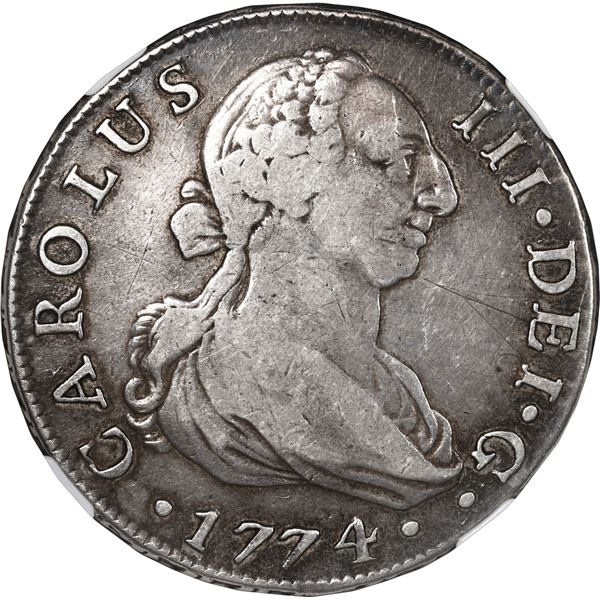 SPAIN, Seville, bust 8 reales, Charles III, 1774 CF, NGC VF 25.