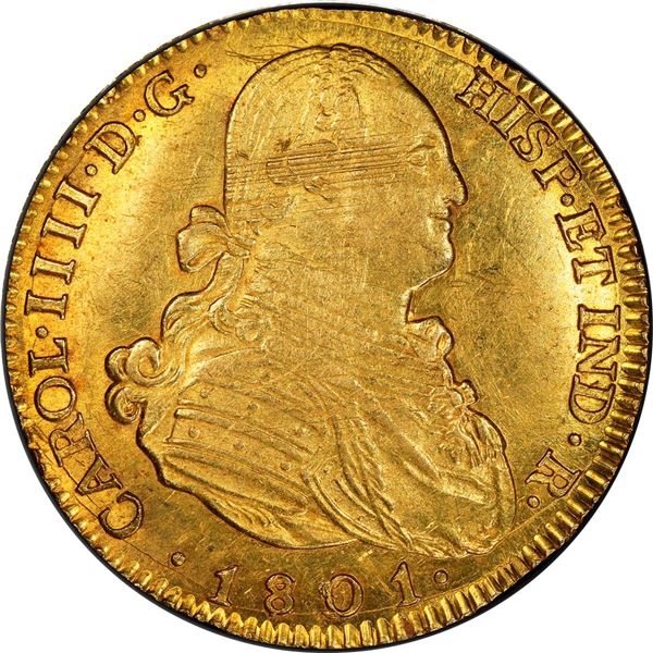 SPAIN, Madrid, gold bust 4 escudos, Charles IV, 1801/791 FA, PCGS MS62.