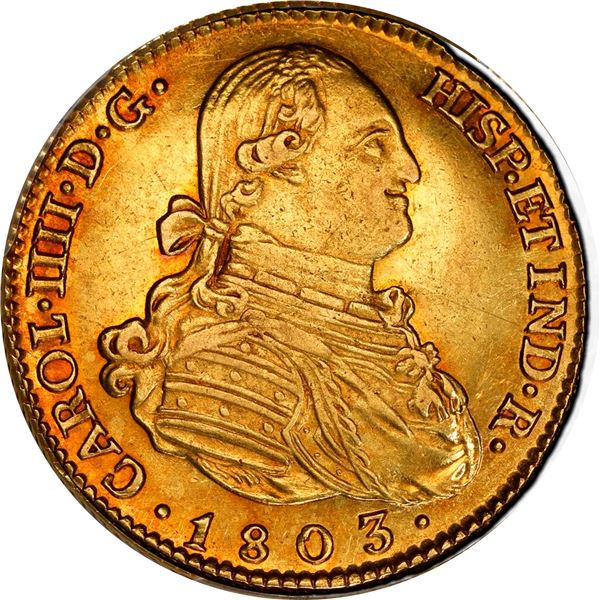 SPAIN, Madrid, gold bust 4 escudos, Charles IV, 1803 FA, PCGS AU58.