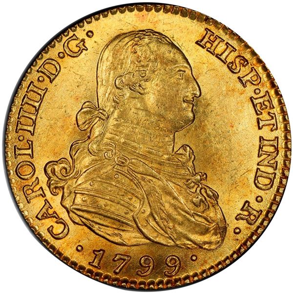 SPAIN, Madrid, gold bust 2 escudos, Charles IV, 1799 MF, PCGS MS63, finest known in PCGS census.