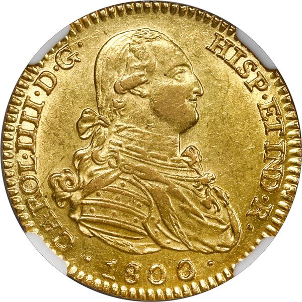SPAIN, Madrid, gold bust 2 escudos, Charles IV, 1800/799 M, NGC AU 58.