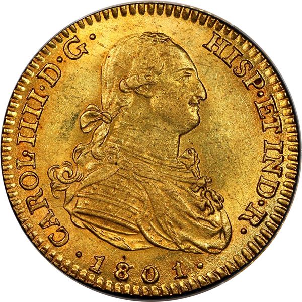 SPAIN, Madrid, gold bust 2 escudos, Charles IV, 1801/791 MF, PCGS MS63, finest and only example in P