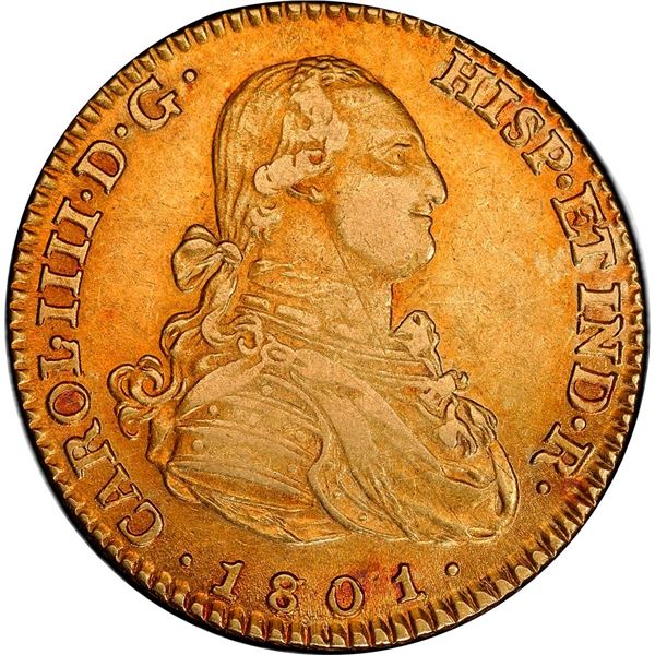 SPAIN, Madrid, gold bust 2 escudos, Charles IV, 1801/791 FA, PCGS AU55, finest and only example in P