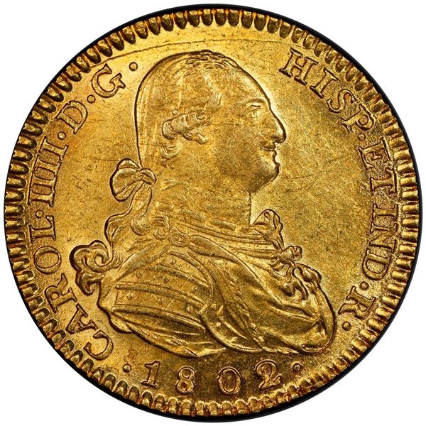 SPAIN, Madrid, gold bust 2 escudos, Charles IV, 1802/1 FA, PCGS MS62, finest known in PCGS census.