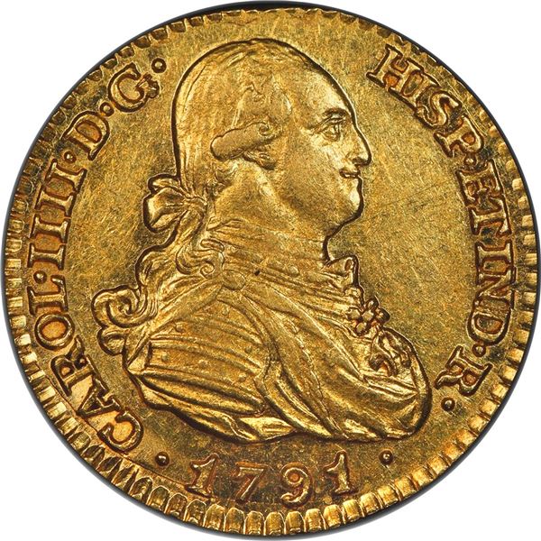 SPAIN, Madrid, gold bust 1 escudo, Charles IV, 1791 MF, PCGS AU58.