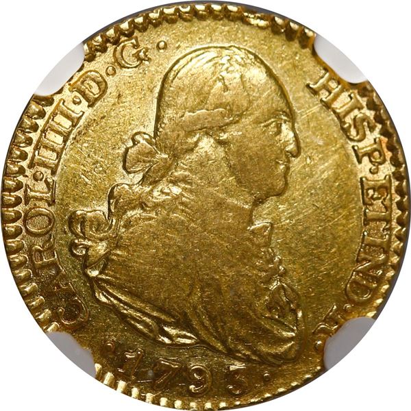 SPAIN, Madrid, gold bust 1 escudo, Charles IV, 1793 MF, NGC AU 55.