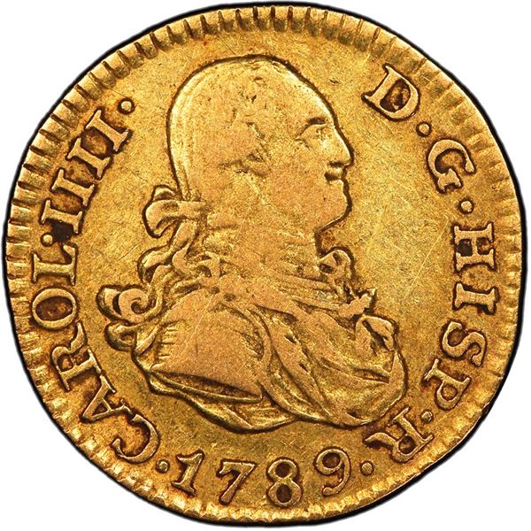 SPAIN, Madrid, gold bust ½ escudo, Charles IV, 1789 MF, PCGS VF35.