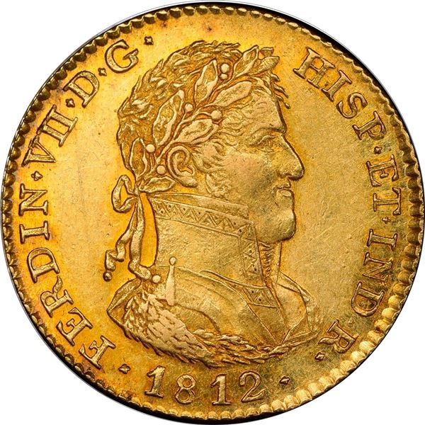 SPAIN, Madrid, gold bust 2 escudos, Ferdinand VII, 1812 IJ, rare, PCGS AU58, finest known in PCGS ce