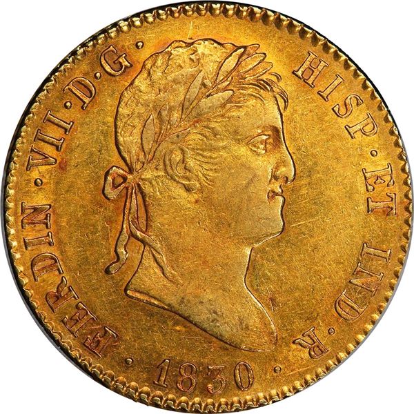 SPAIN, Seville, gold bust 2 escudos, Ferdinand VII, 1830 JB, PCGS AU58, "top pop."