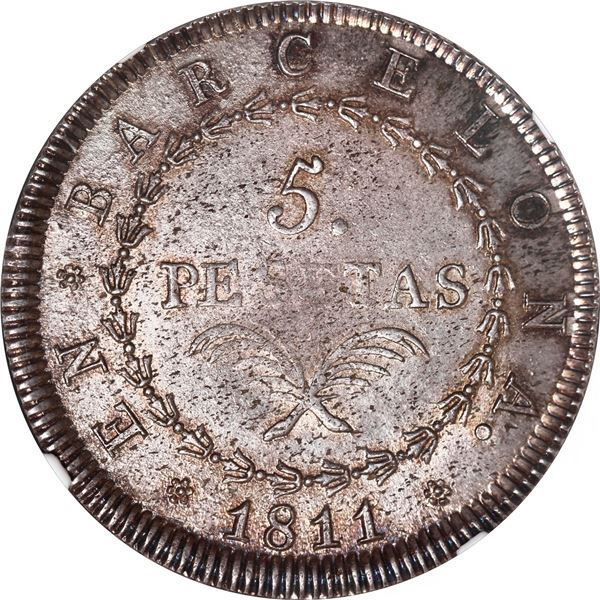 SPAIN, Barcelona, 5 pesetas, Joseph Napoleon, 1811, 25 flowers in wreath, NGC MS 64.