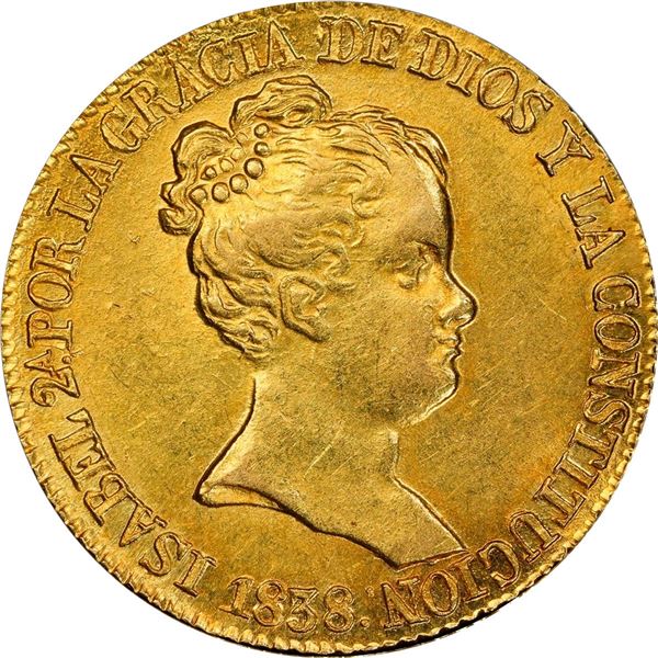 SPAIN, Barcelona, gold 80 reales de vellon, Isabel II, 1838 PS, CONSTITUCION, PCGS MS62, finest know