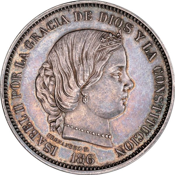 SPAIN, pattern 20 reales, Isabel II, 186_, second type, by Eduardo Fernández Pescador, rare, PCGS SP