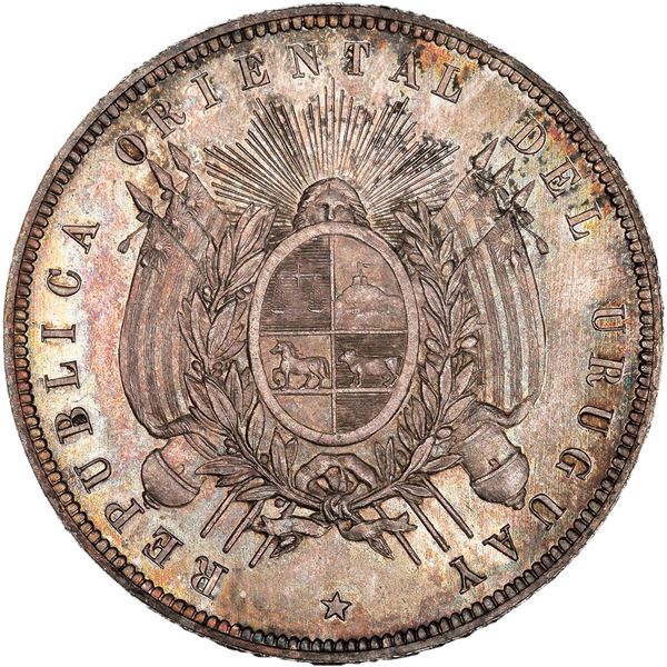 URUGUAY, struck in Paris, 1 peso, 1877-A, PCGS MS66, "top pop," ex-Huntington (stated on label).