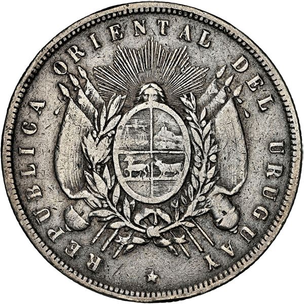 URUGUAY, struck in Paris, 1 peso, 1878-A, "peso naufragio," rare, NGC XF details / cleaned.