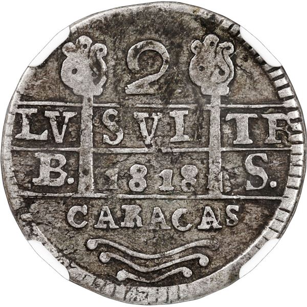 VENEZUELA, Caracas, 2 reales, "1818" (1R-sized digits, struck ca. 1830) BS, florets flanking cross w