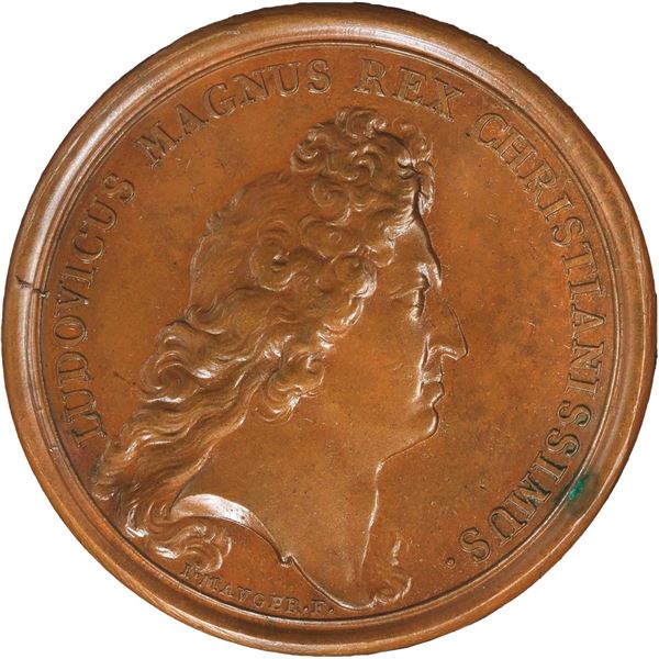 FRANCE, bronze medal, Louis XIV, dated 1677, Victory over the Dutch Fleet at the Island of Tobago, P
