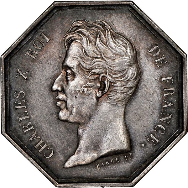 GUADELOUPE, octagonal silver jeton, Charles X, 1826, Bank of Guadeloupe, NGC MS 61.