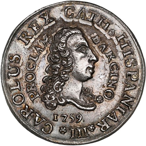 SPAIN, Barcelona, silver medal, 1759, Charles III proclamation, NGC MS 62.